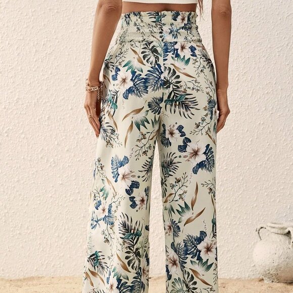 Wide Leg Pants, High Waist Boho Tropical Print Flowy Hippie casual beach pants - Picture 3 of 8